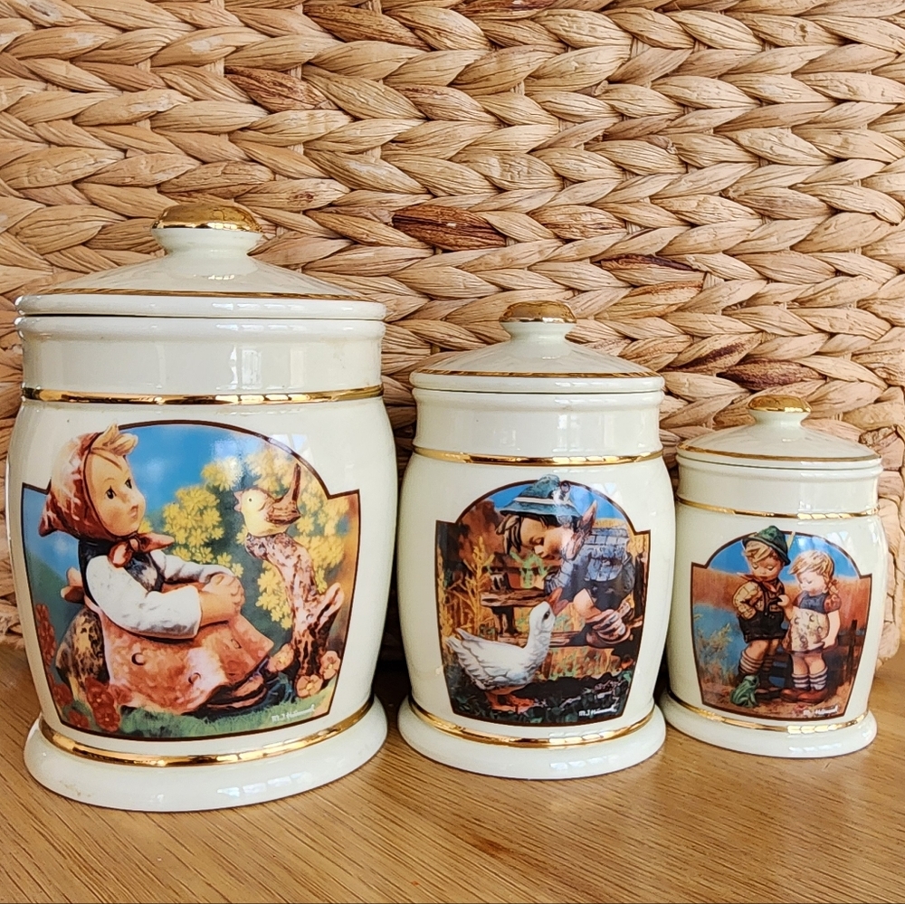 Danbury Mint M. J. Hummel Cream and Gold Canister Set